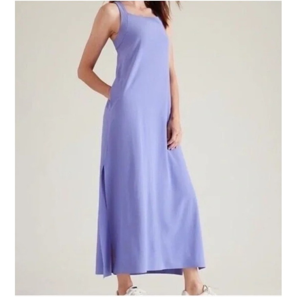 Athleta Arrival Dress Size L Midi Cross Back Periwinkle Blue Athleisure Stretch